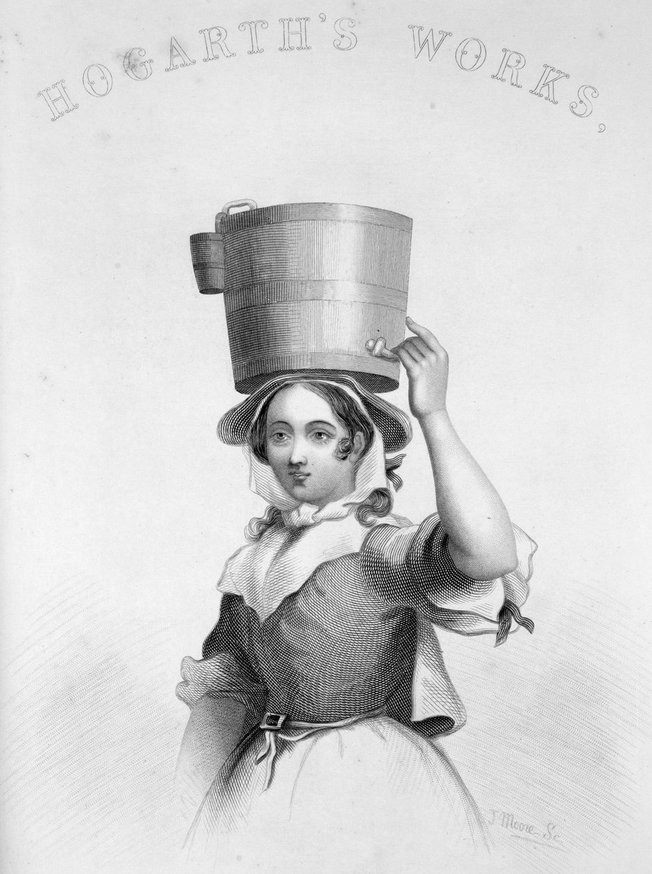 Skildring av J Moore som gravering av Milk Maid fra Hogarths Enraged Musician av William Hogarth