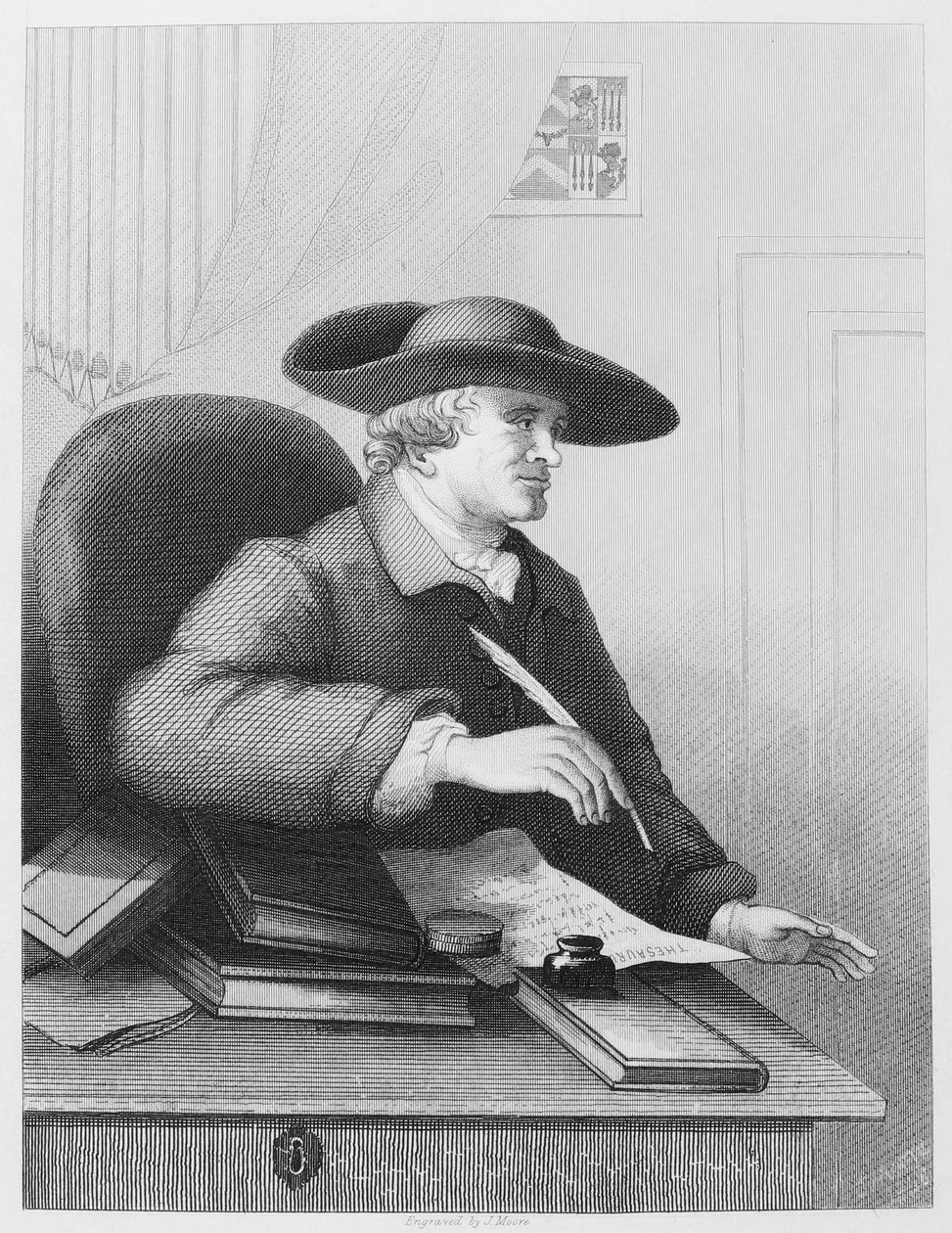 Dr. Thomas Morell, lærde og skriver. Han er kjent for å være en librettist og skrev den mest detaljerte beretningen om samarbeid med Handel Engraving av J Moore etter William Hogarth av William Hogarth