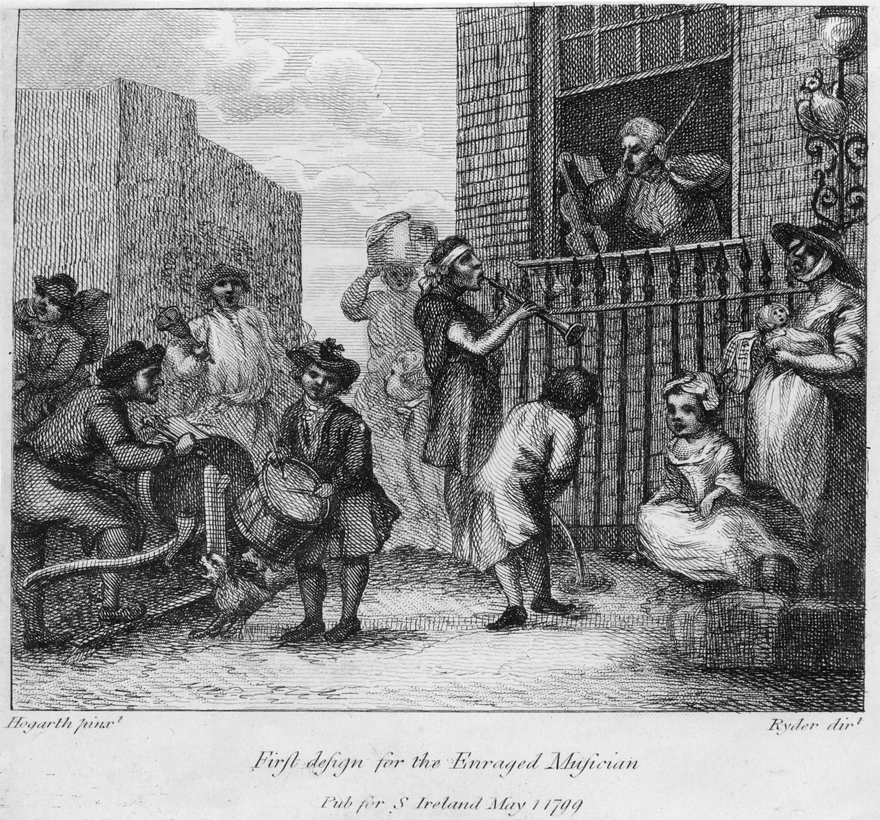Første design for The Enraged Musician, 1799 av William Hogarth