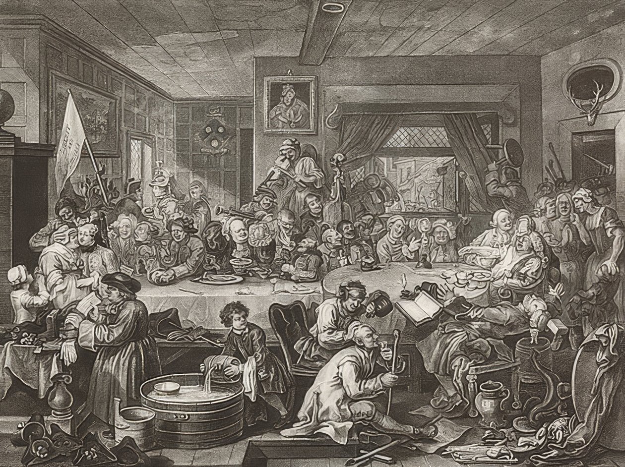 Fire utskrifter av et valg / De generelle valgene. Ark 1: En valgunderholdning. 1755 av William Hogarth