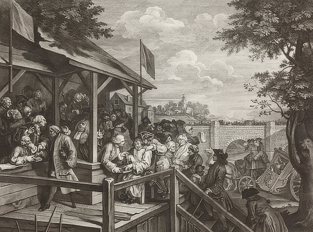 Fire utskrifter av et valg / De generelle valgene. Ark 3: Avstemningen / Avstemningen. 1758 av William Hogarth