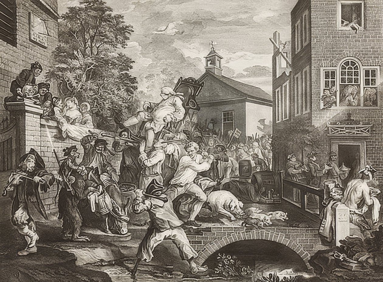 Fire utskrifter av et valg / De generelle valgene. Blad 4: Leder av medlemmene / Triumftoget til parlamentsmedlemmer. 1758 av William Hogarth