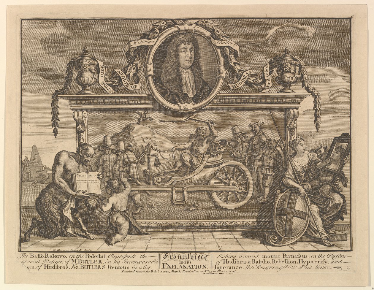 Frontispice og dens forklaring Tolv store illustrasjoner for Samuel Butlers Hudibr..., 1725-68. av William Hogarth
