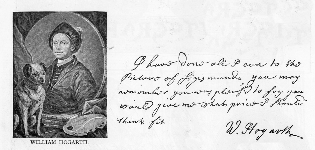 Håndskrift og signatur av William Hogarth, fra et brev til Sir Richard Grosvenor angående hans oppdrag av et bilde av Sigismunda, 13. juni 1757 (penn og blekk på papir) (se også 396067) av William Hogarth