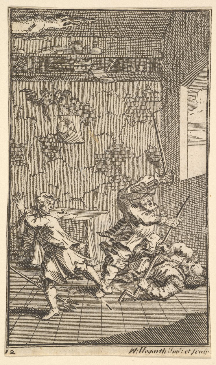 Hudibras slår Sidrophel og Whachum Sytten små illustrasjoner for Samuel Butler..., 1721-26. av William Hogarth