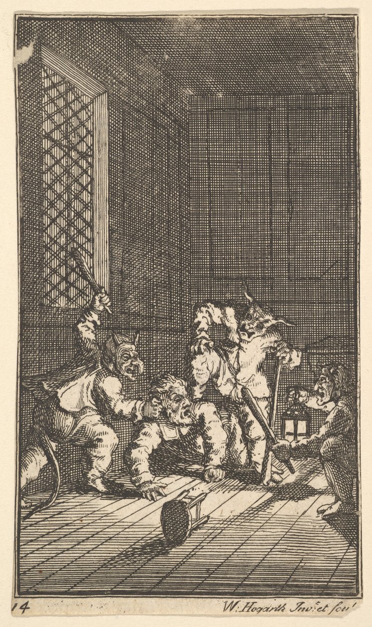 Hudibras katekiserte sytten små illustrasjoner for Samuel Butlers Hudibras, nr. 14, 1721-26. av William Hogarth