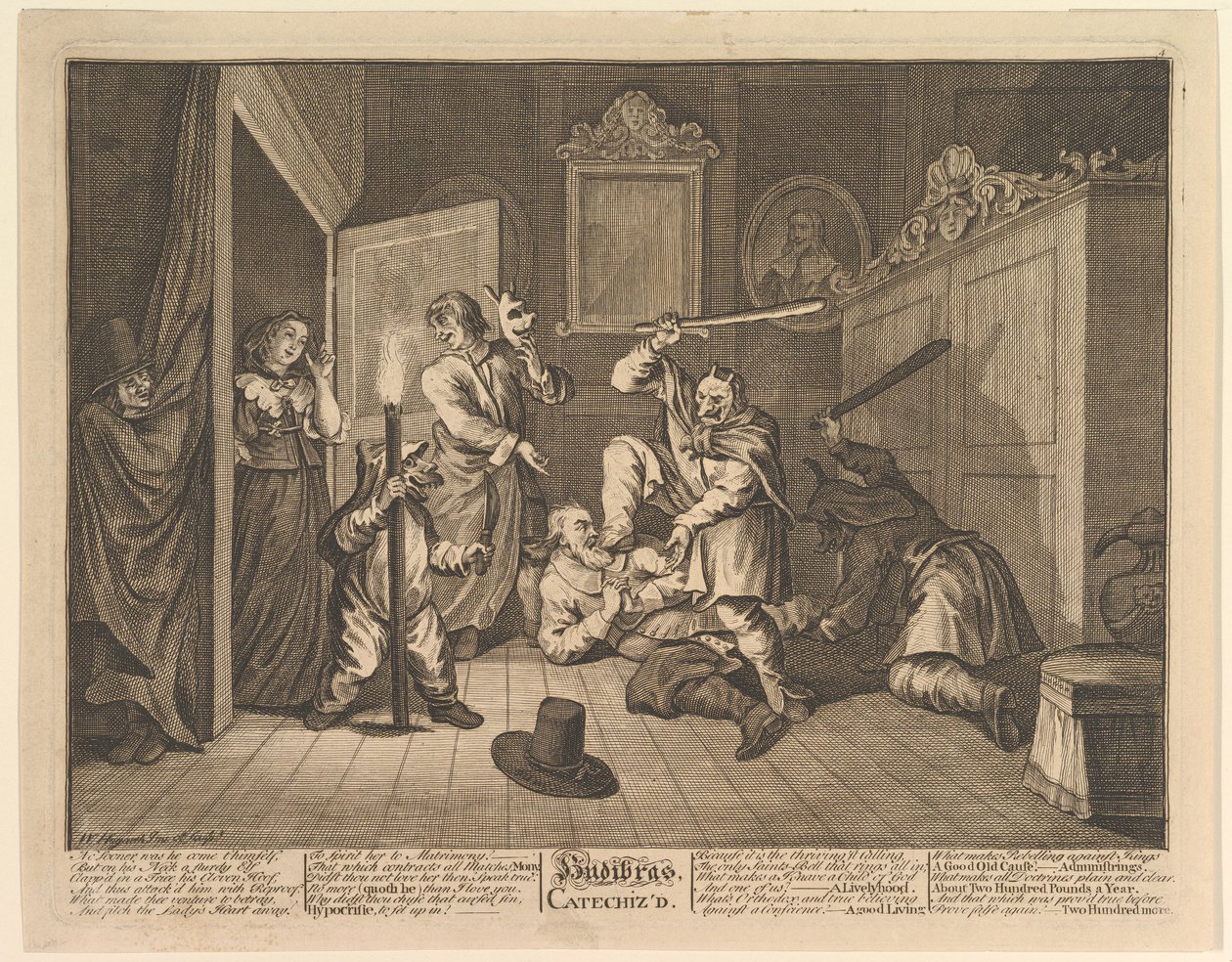Hudibras katekiserte tolv store illustrasjoner for Samuel Butlers Hudibras, plate 9, 1725-68. av William Hogarth