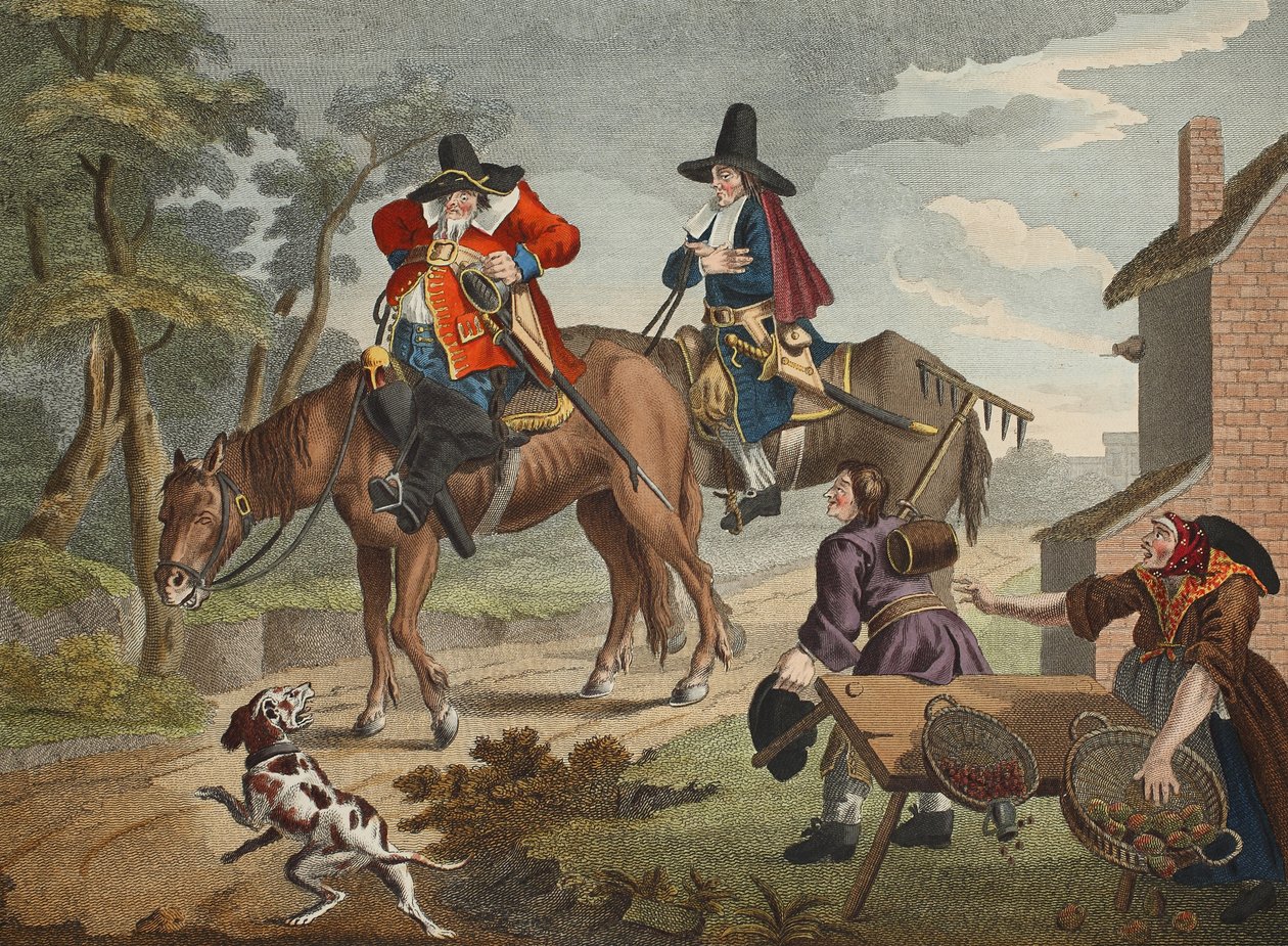Hudibras Sallies Forth, fra 'Hudibras' av Samuel Butler (1612-80), illustrasjon fra 'Hogarth Restored: The Whole Works of the celebrated William Hogarth, re-engraved by Thomas Cook', pub. 1812 (hånd av William Hogarth