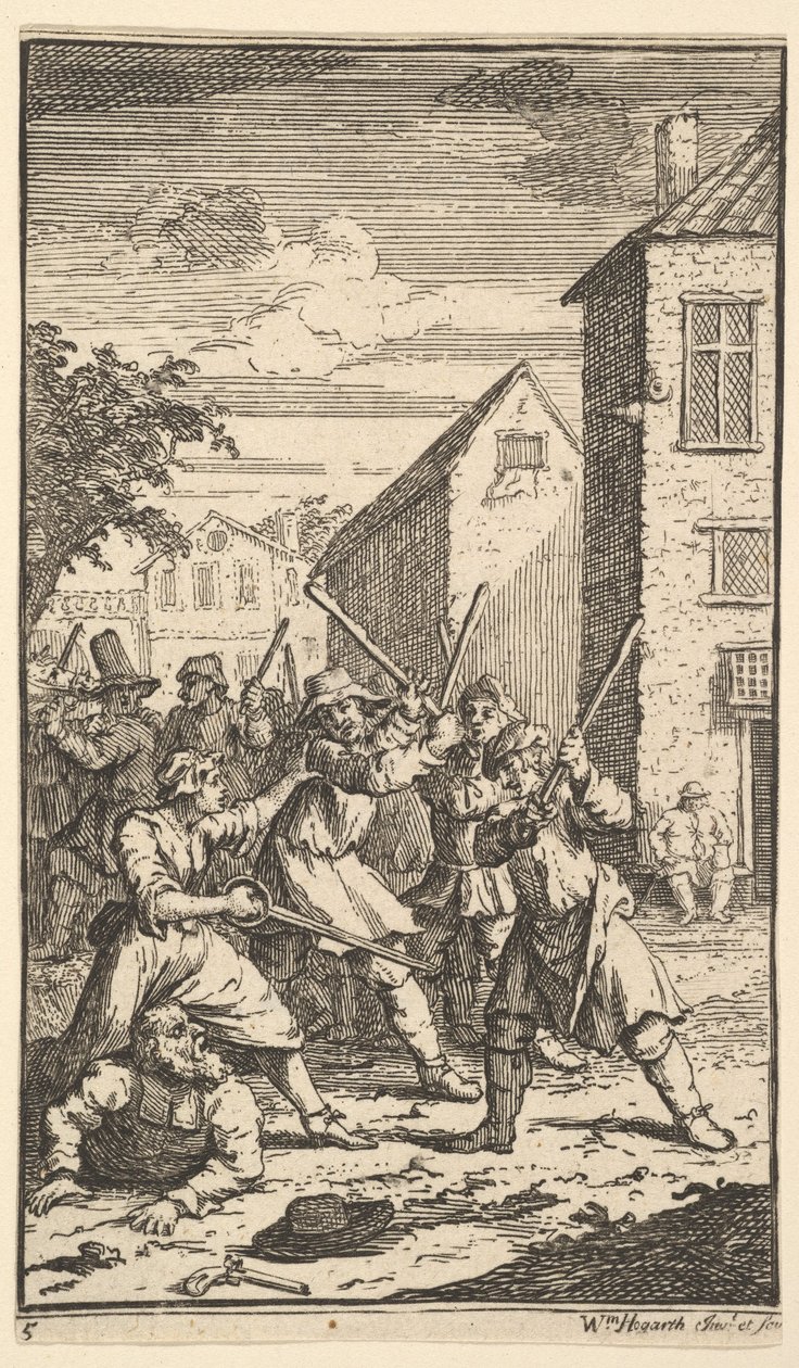 Hudibras Vanquished av Trulla Sytten små illustrasjoner for Samuel Butlers Hudibr..., 1721-26. av William Hogarth