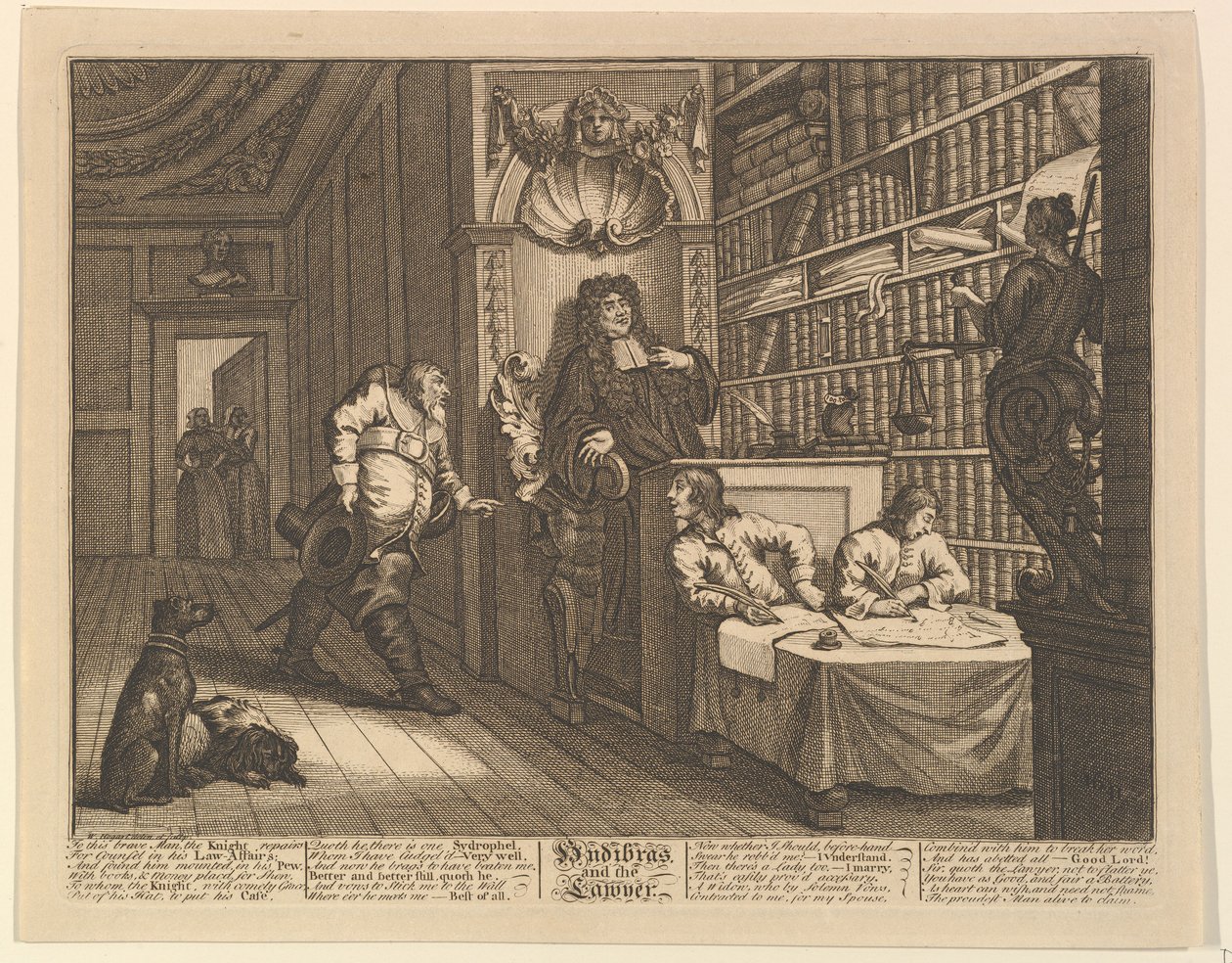 Hudibras and the Lawyer Tolv store illustrasjoner for Samuel Butlers Hudibras, Plate..., 1725-68. av William Hogarth