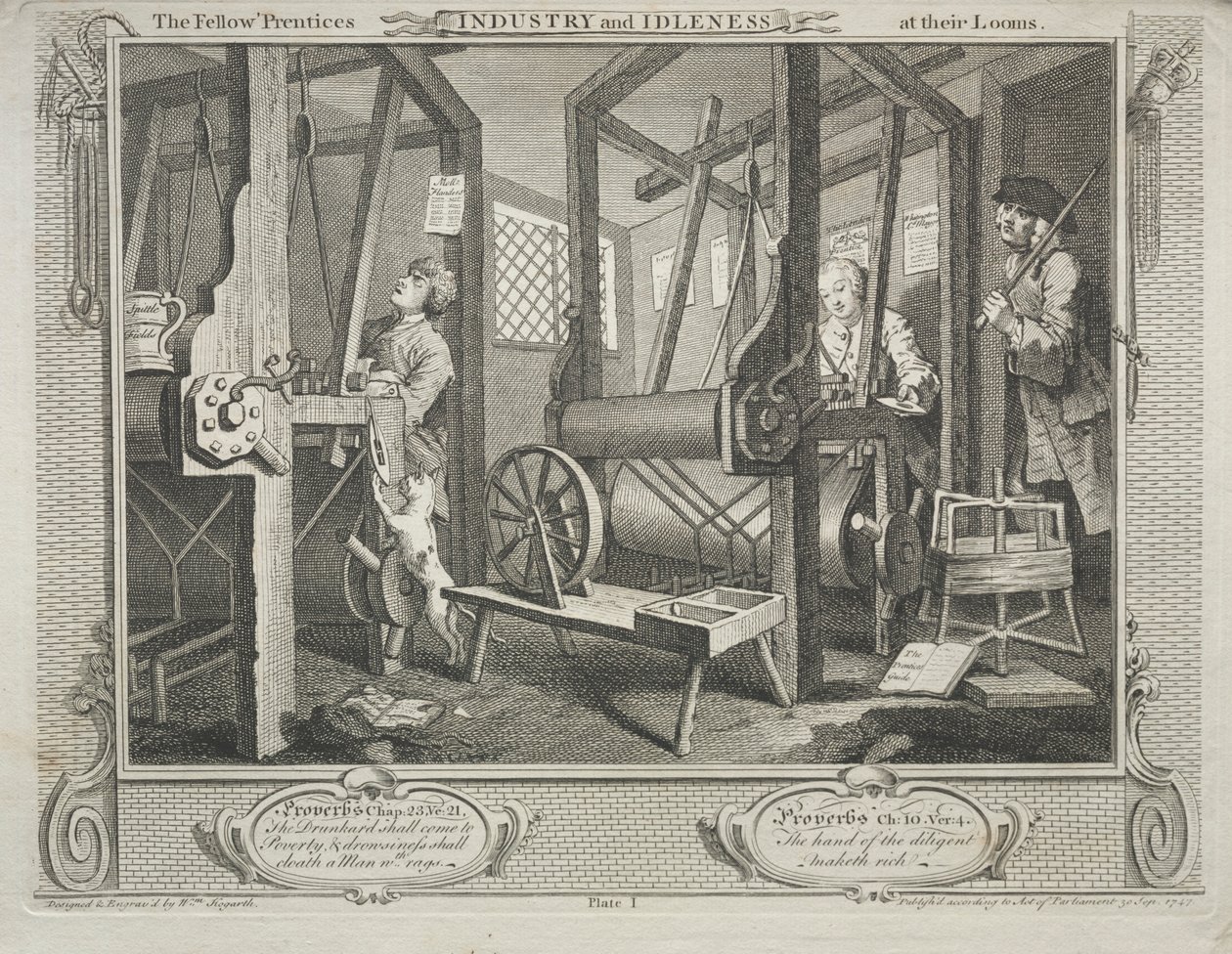 Industri og lediggang: The Fellow Prentices at their Looms, 1747. av William Hogarth