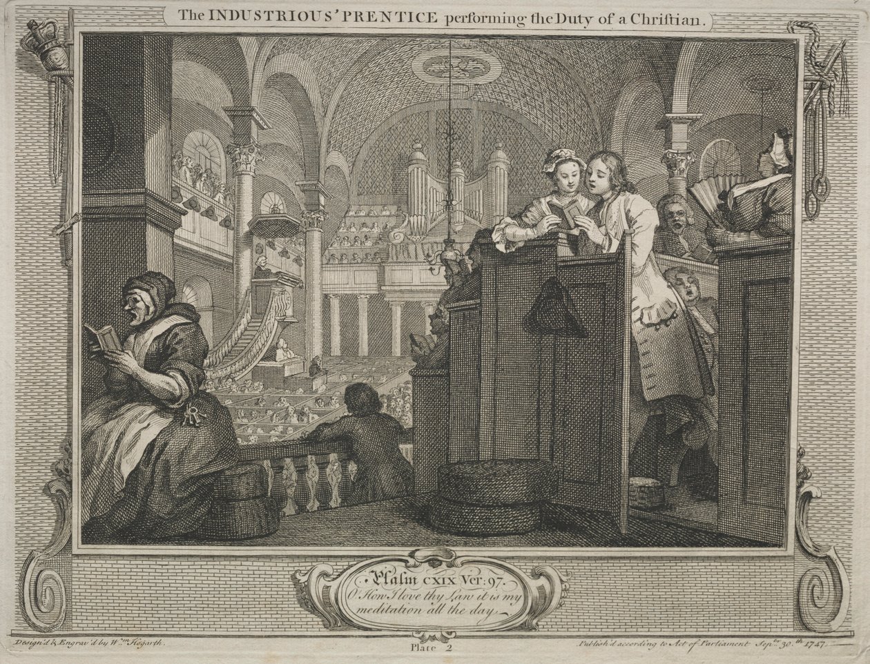 Industri og lediggang: Den flittige Prentice som utfører plikten til en kristen, 1747. av William Hogarth