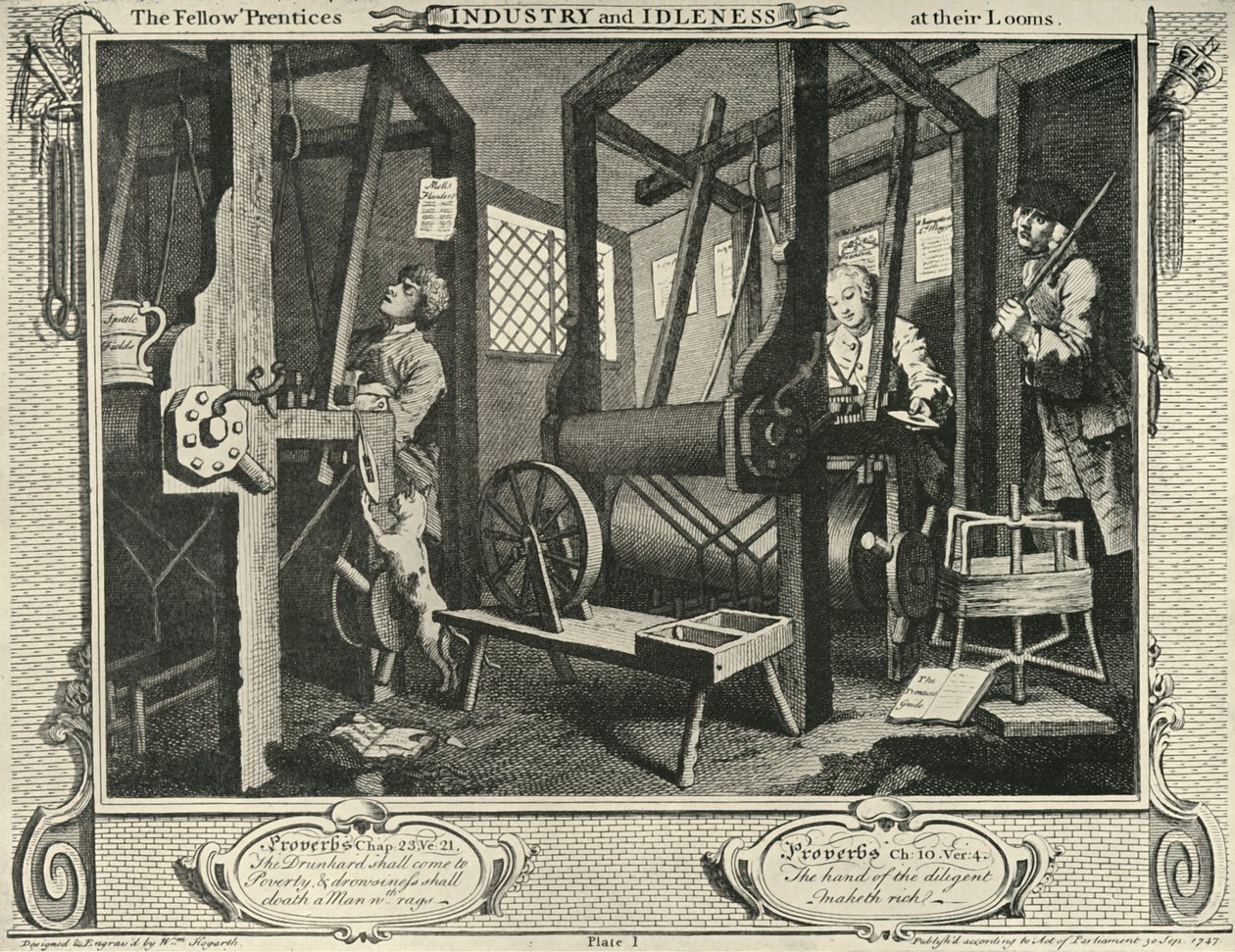 Interiør i et veververksted, 1747, 1925. av William Hogarth