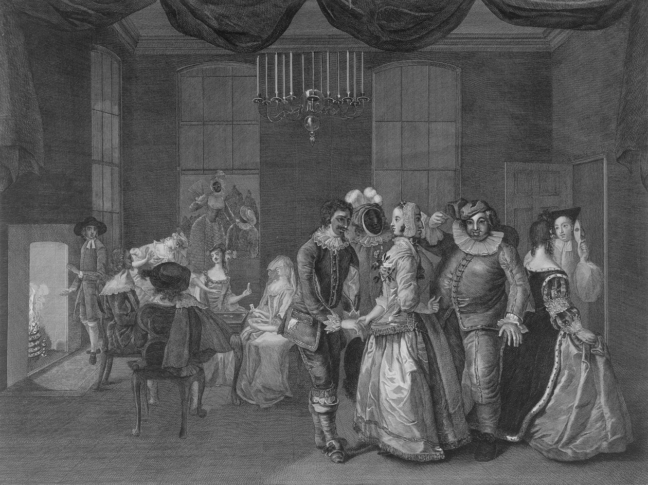 Interiørvisning av Somerset House som viser figurer kledd for en maskerade, 1805 av William Hogarth