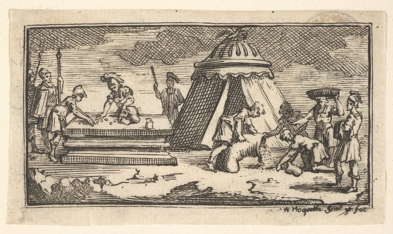 Utstedte bygg i stedet for hvete [første versjon] John Beaver, Roman Military Punishme..., etter 1725. av William Hogarth