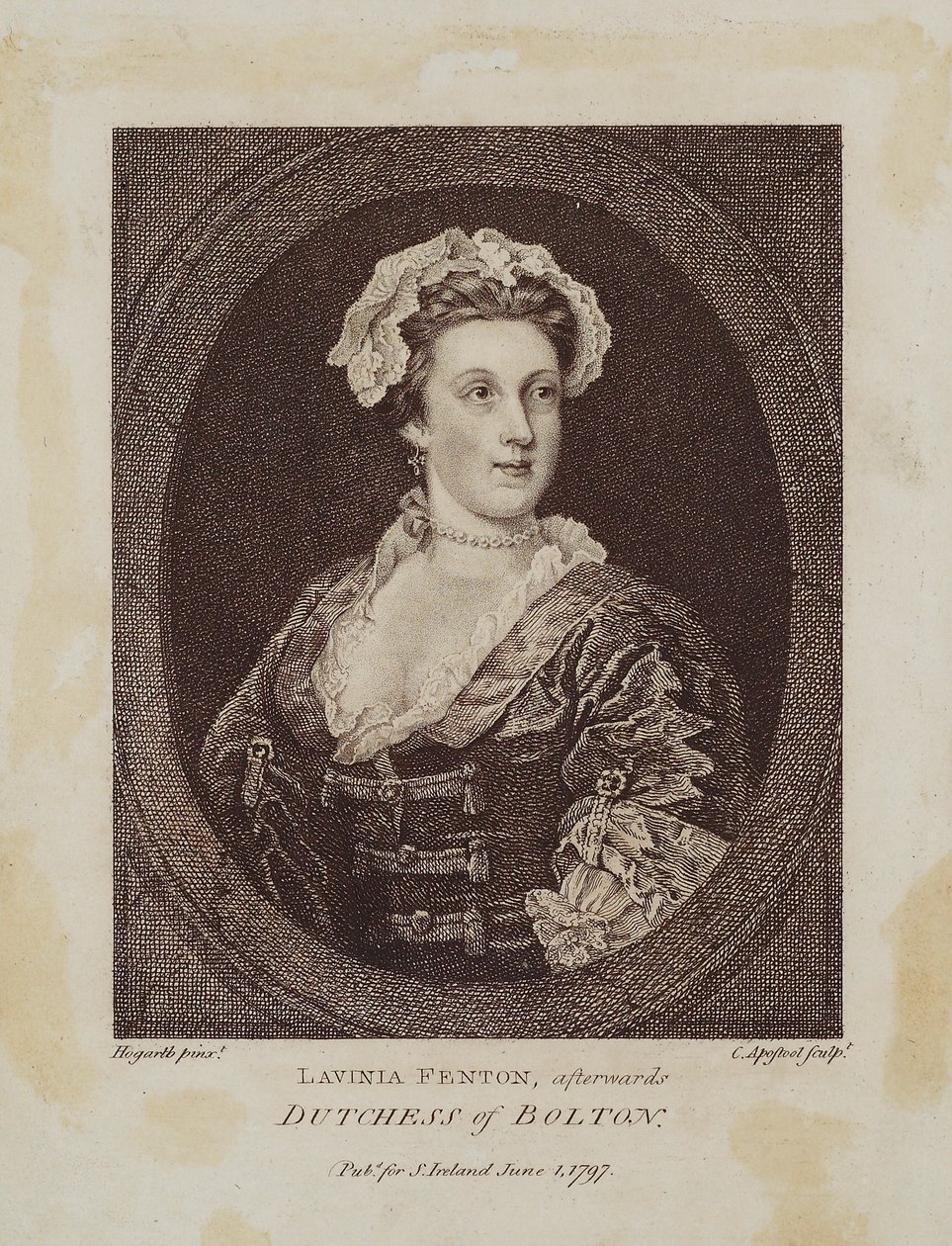 Lavinia Fenton, etterpå hertuginne av Bolton, gravert av Cornelius Apostool (1762-1844), 1797 (stippgravering) av William Hogarth