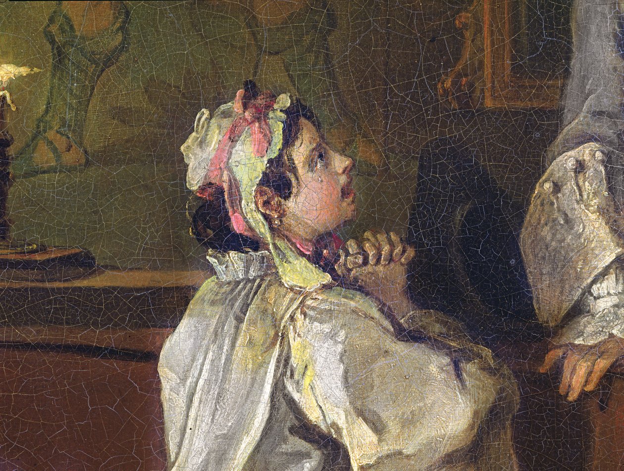 Ekteskap a la Mode:V, The Bagnio, ca. 1743 (olje av lerret) (detalj fra 182093) av William Hogarth