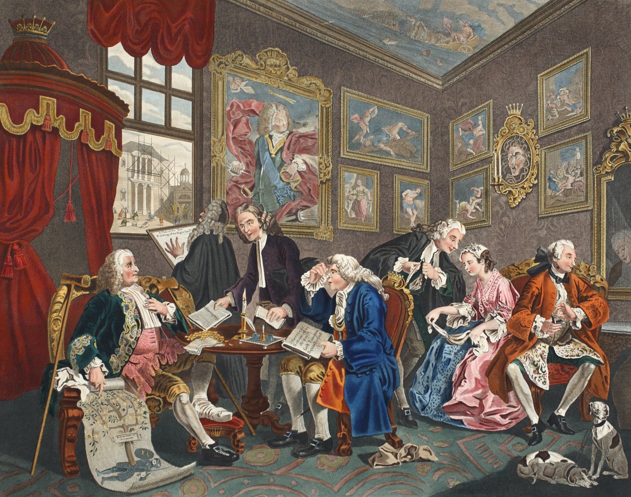 Marriage a la Mode, Plate I, The Marriage Settlement, illustrasjon fra 