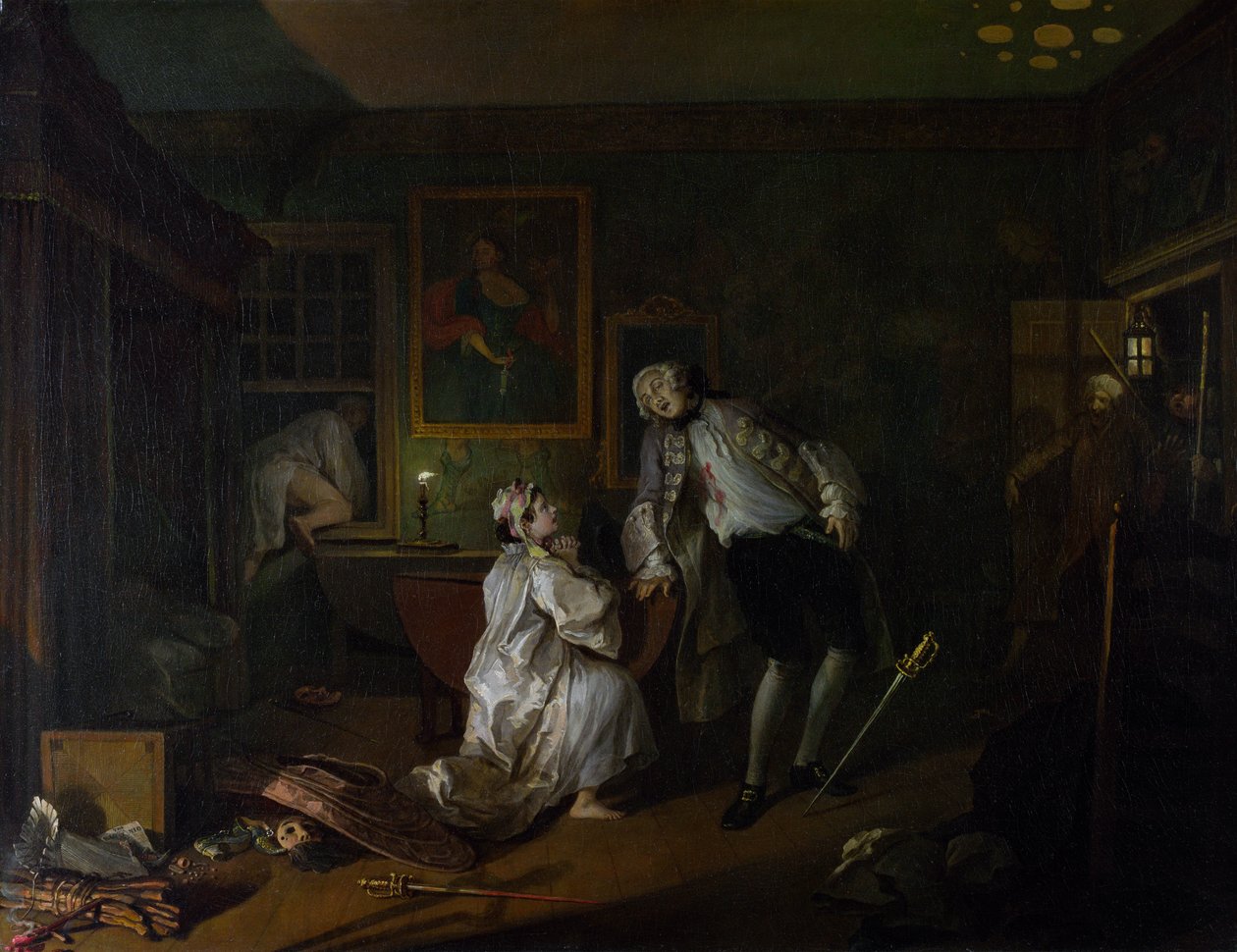 Ekteskap a la Mode: V, The Bagnio, ca. 1743 (olje på lerret) av William Hogarth