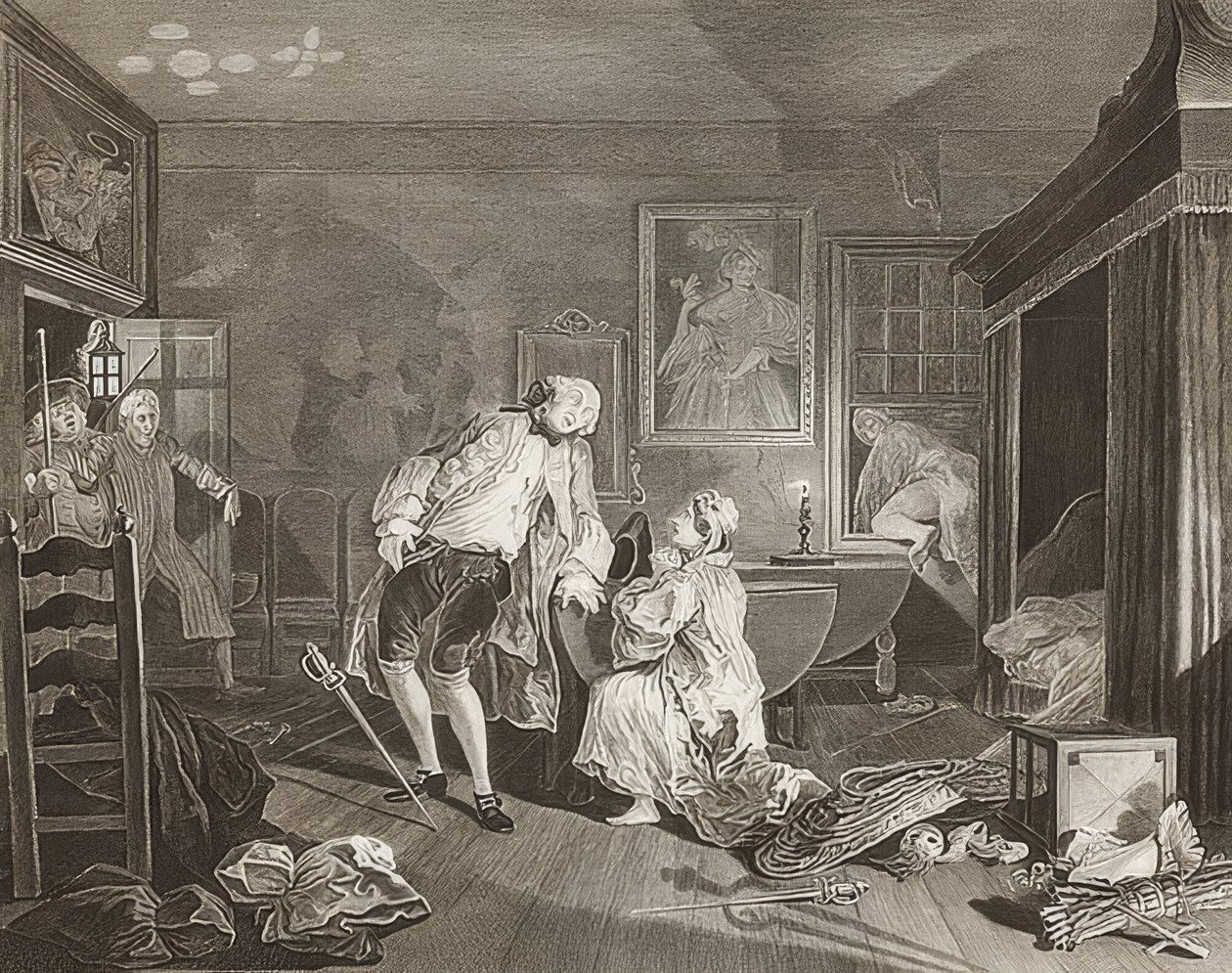Ekteskap à la Mode / ekteskap etter mote. Ark 5: The Bagnio / The Count faller i en duell. 1745 av William Hogarth
