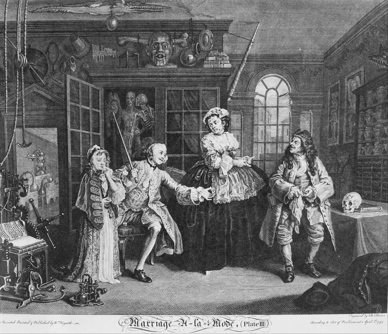 Ekteskap à la Mode, Plate 3, (Scenen med kvakksalveren) av William Hogarth