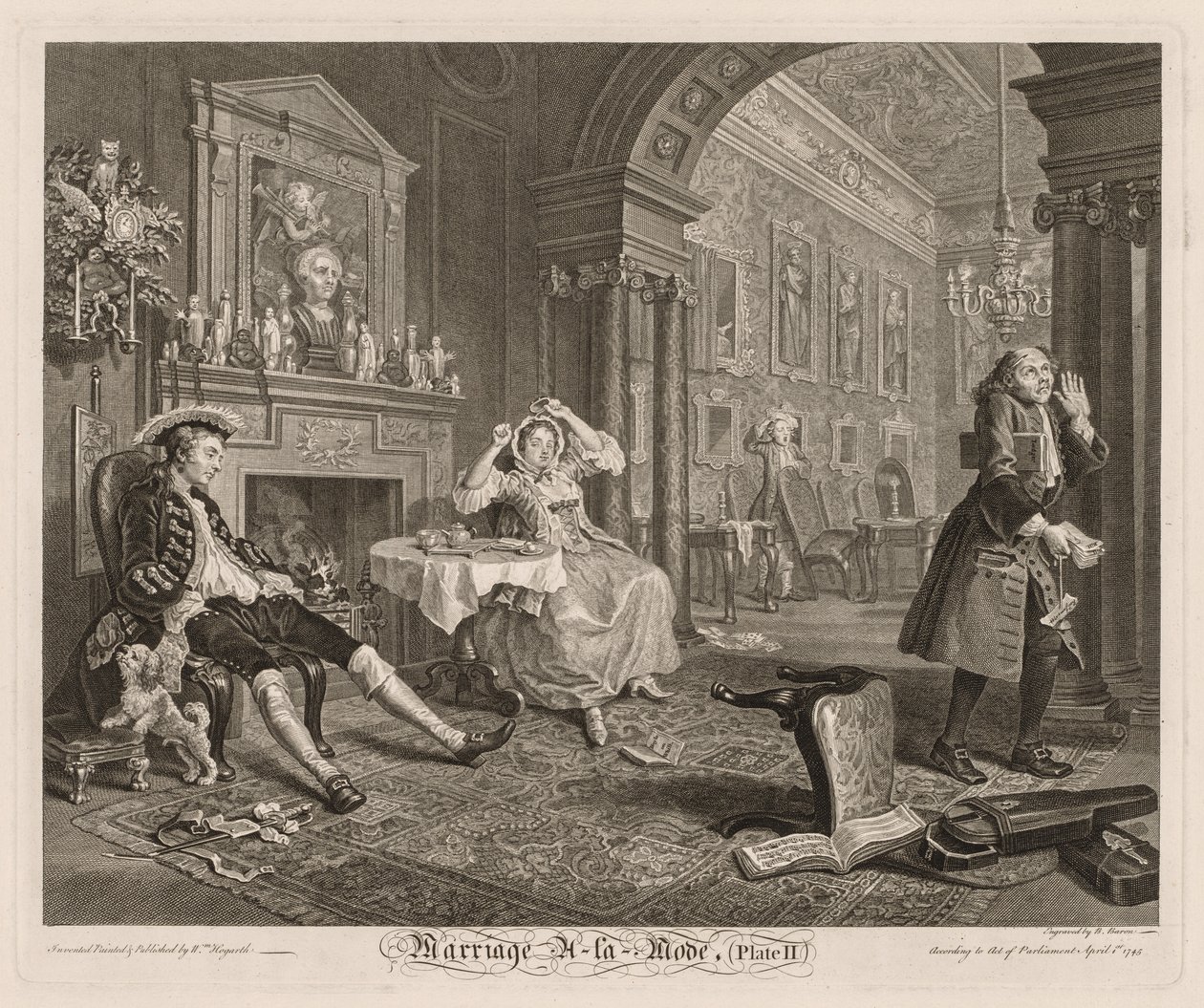 Marriage à la Mode:  Plate II   1305487   no       norwegian Successfully Translated  Original: Battle Scene with Armored Figures on Horseback (recto) Two Seated Women (verso) Translat: Battle Scene with Armored Figures on Horseback (recto) Two Seated Wome av William Hogarth