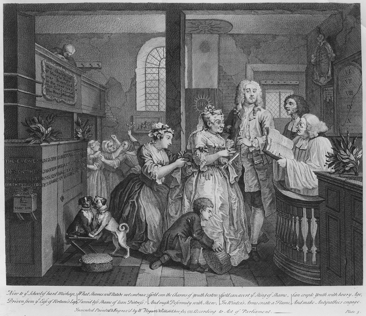 Gift med en gammel hushjelp, plate V fra 'A Rake's Progress', 1735 av William Hogarth
