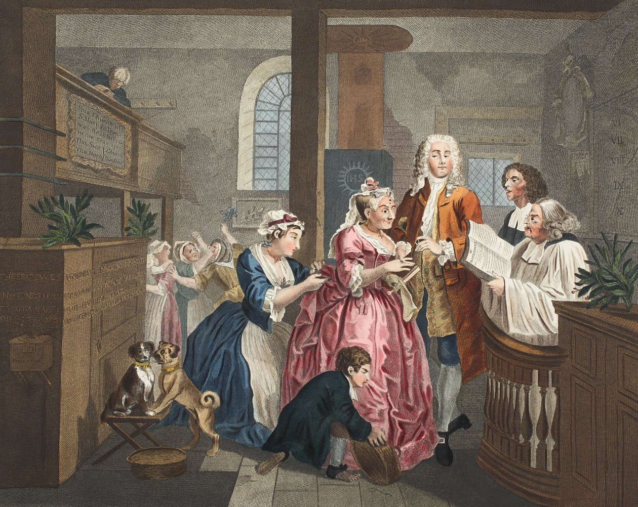 Gift med en gammel hushjelp, plate V fra 'A Rake's Progress', illustrasjon fra 'Hogarth Restored: The Whole Works of the celebrated William Hogarth, re-graved by Thomas Cook', pub. 1812 (håndkolorert av William Hogarth