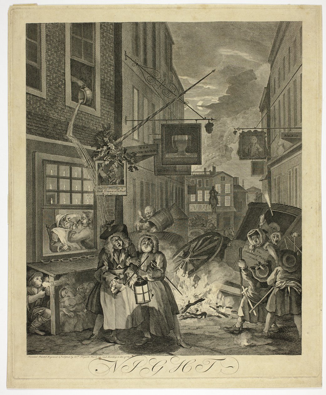 Natt, tallerken fire fra The Four Times of Day av William Hogarth