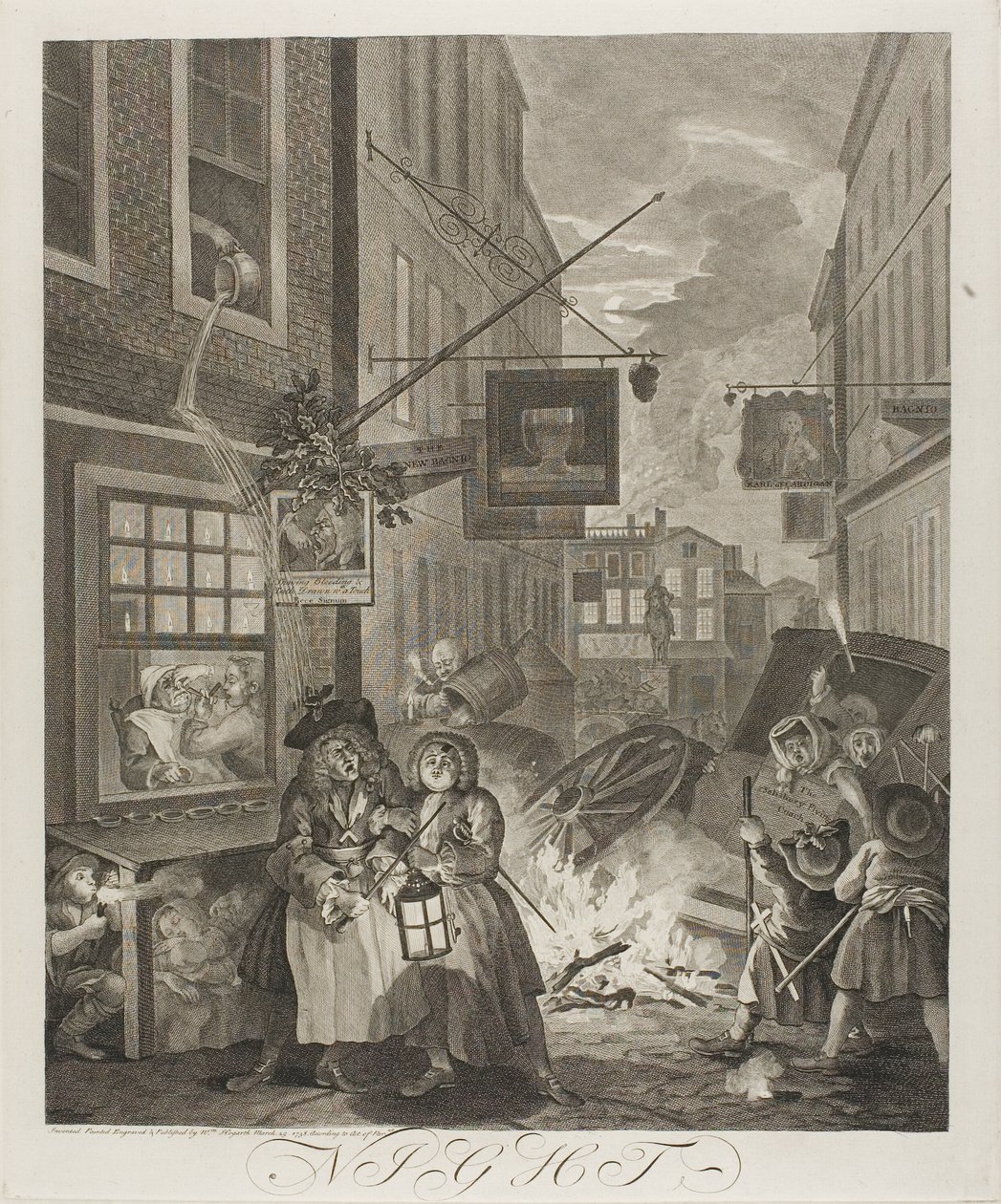 Natt, tallerken fire fra The Four Times of the Day av William Hogarth