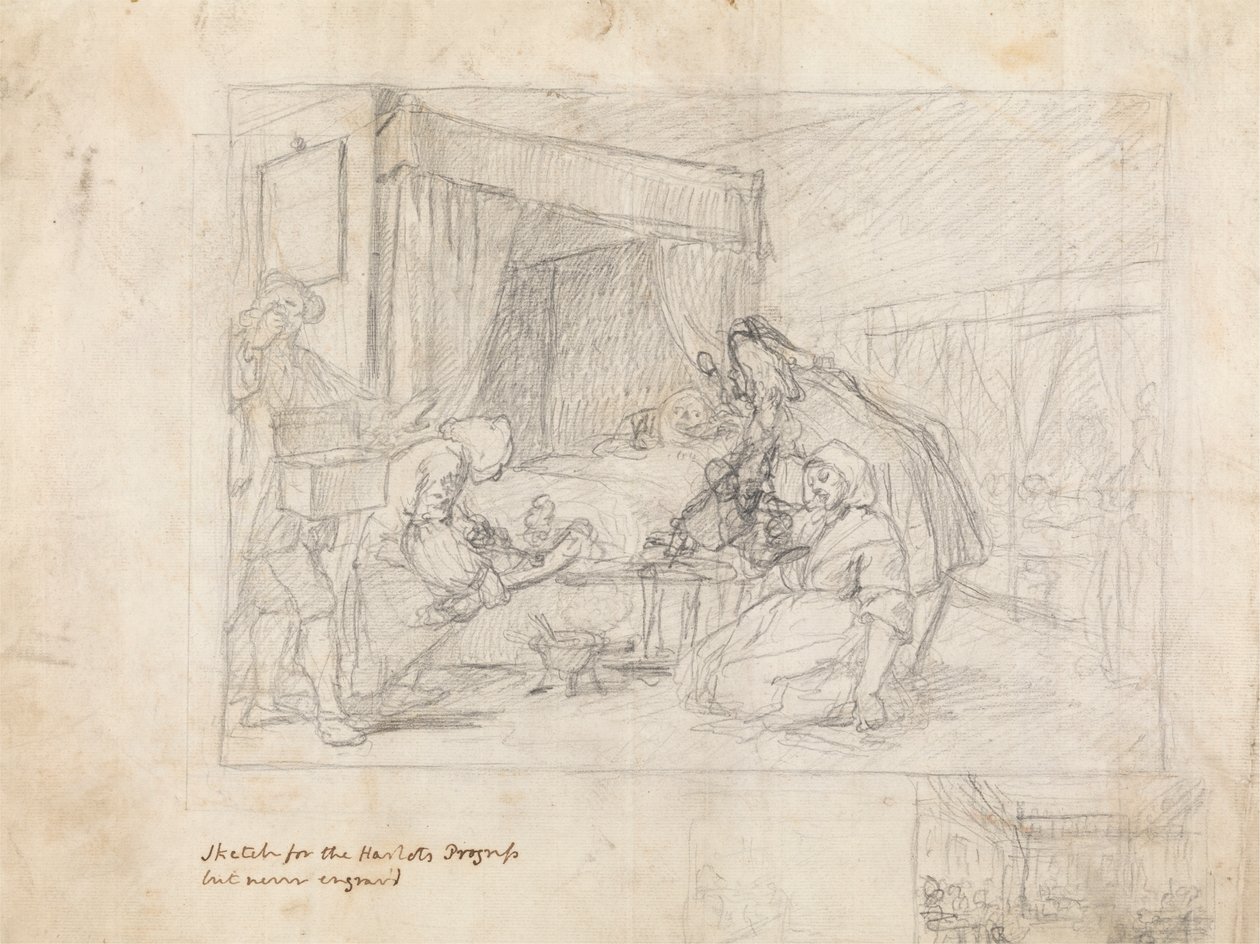 Operasjonsscene på sykehus med datterskisser i margen nederst til høyre av William Hogarth