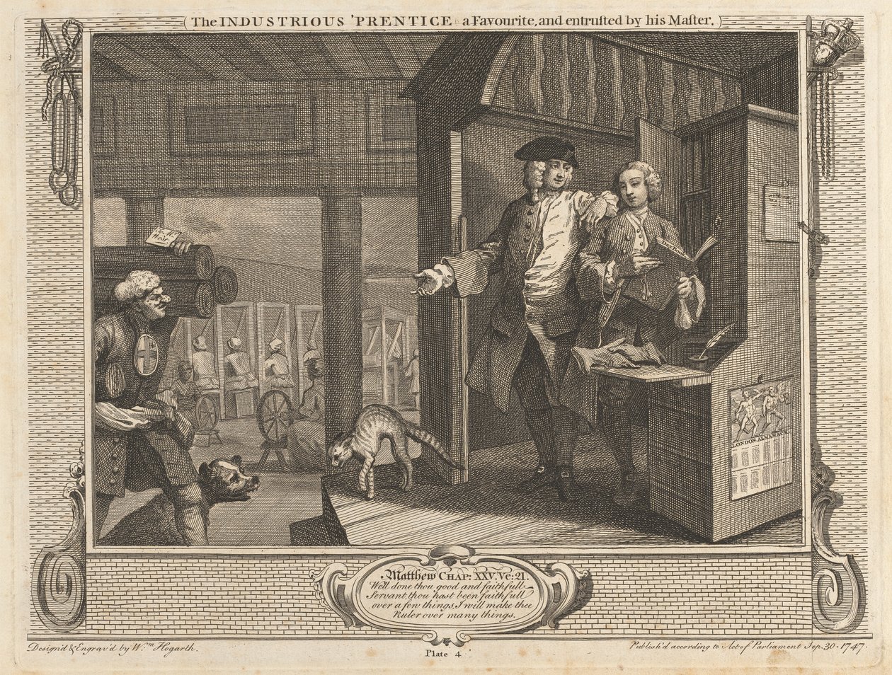 Plate 4, Den flittige 'Prentice en favoritt, og betrodd av sin Mester av William Hogarth
