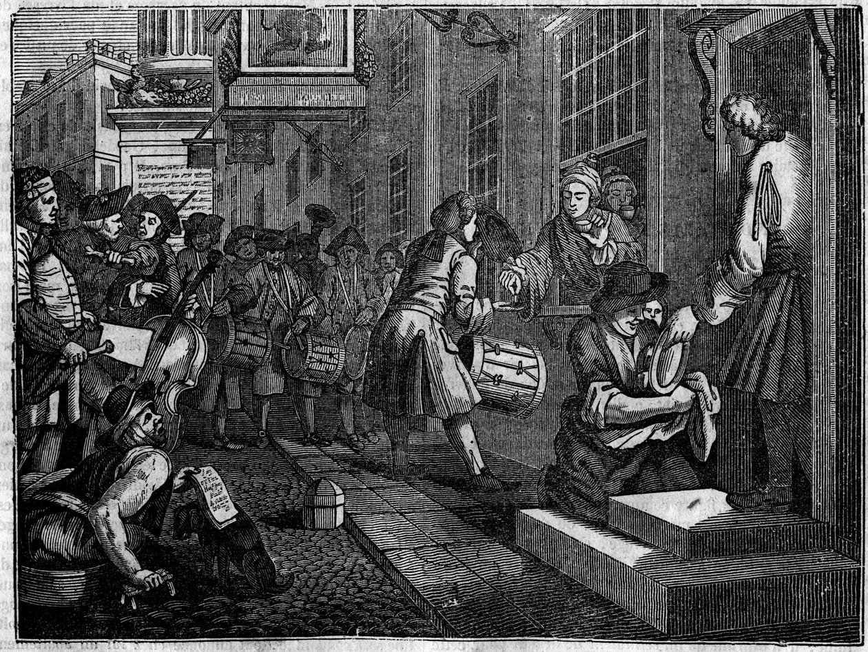 Plate fra en serie på 12 graveringer av William Hogarth (1697-1764), britisk illustratør, med tittelen "Industry and Idleness", "Zele and laziness", som forteller karrierene til to lærlinger: Goodchilds bryllup med datteren til vevermesteren hans av William Hogarth