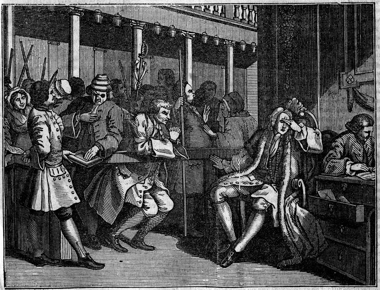 Plate fra en serie på 12 graveringer av William Hogarth (1697-1764), britisk illustratør, med tittelen "Industry and Idleness", "" Zele and laziness", som forteller om karrierene til to lærlinger: Thomas Idle, skyldig i sine laster av William Hogarth