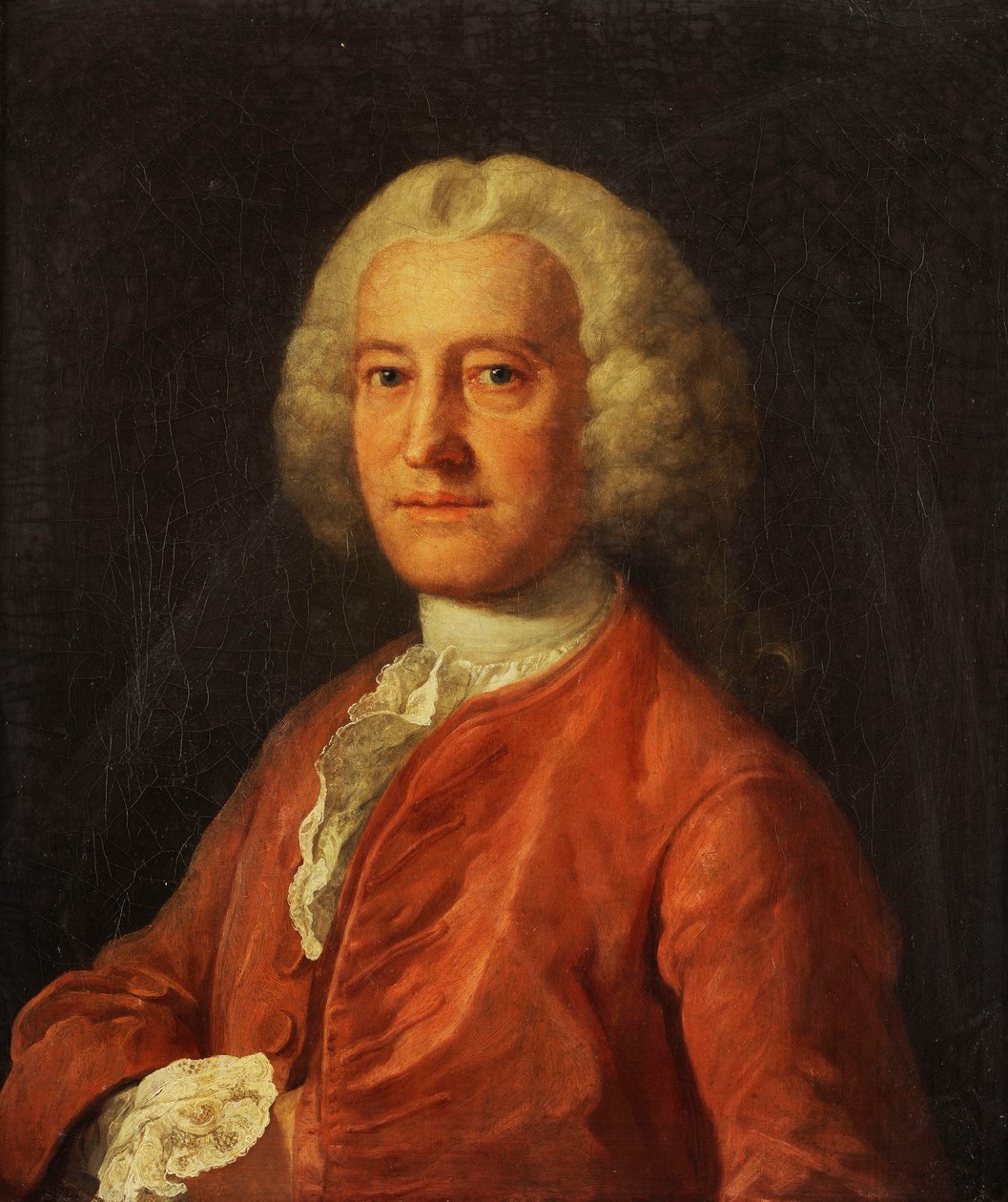 Portrett av Samuel Martin, bystelengde, i en rosa frakk, hvit lager og hvit skjorte med blonder, med høyre hånd stukket inn i jakken, ca. 1763 av William Hogarth