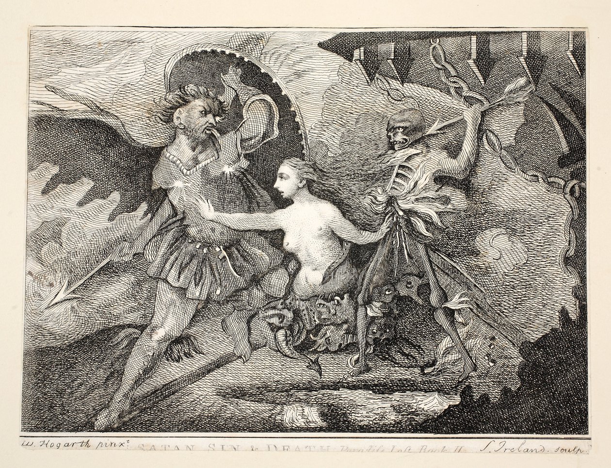 Satan, synd og død, pub. 1792 av William Hogarth