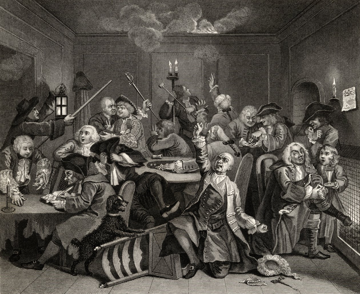 Scene in a Gaming House, plate VI fra 'A Rake's Progress', fra 'The Works of William Hogarth', utgitt 1833 av William Hogarth