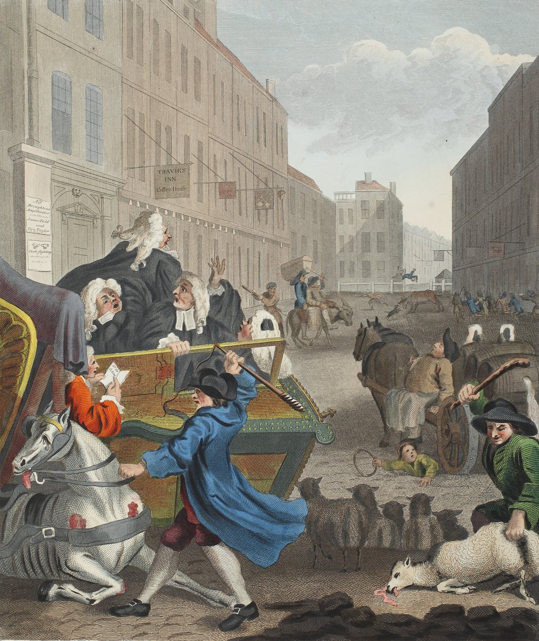 Andre fase av Cruelty, illustrasjon fra 'Hogarth Restored: The Whole Works of the celebrated William Hogarth, re-graved by Thomas Cook', pub. 1812 (håndfarget gravering) av William Hogarth