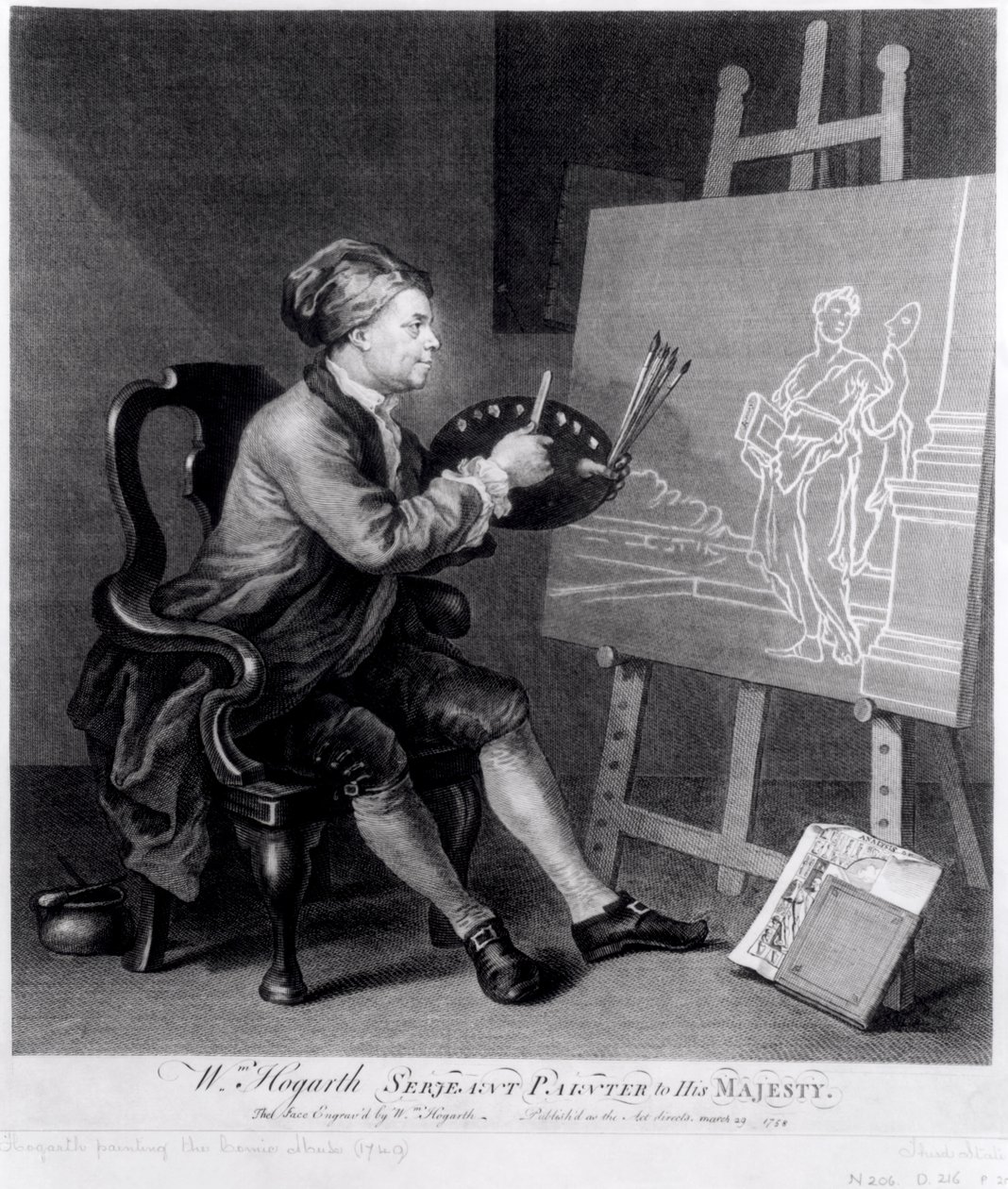 Self Portrait Painting the Comic Muse, gravert av kunstneren, pub. 1758 av William Hogarth