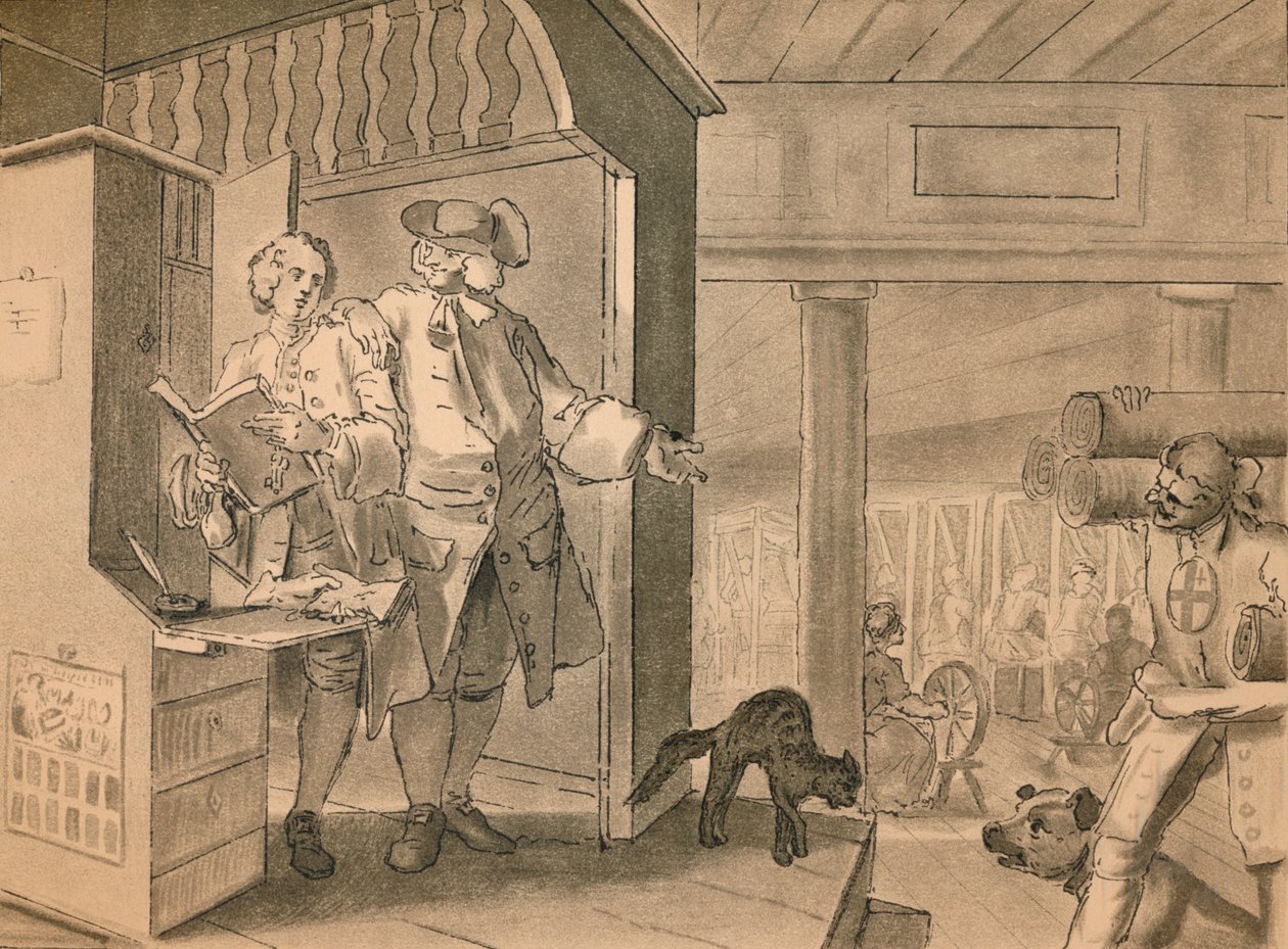 Skisse for plate IV fra Industry and Idleness, 1747 av William Hogarth