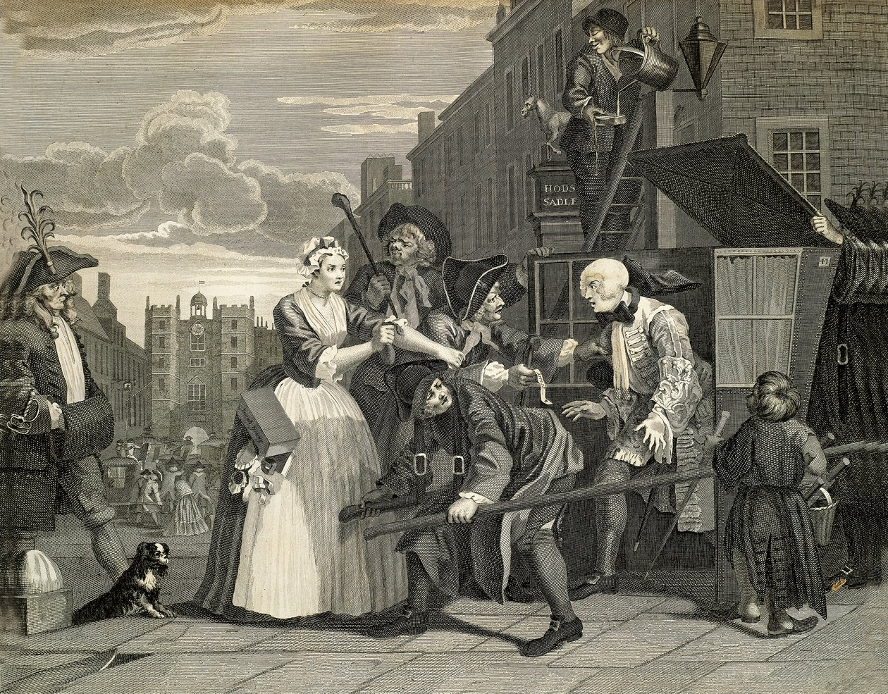 Gatescener i London, av William Hogarth (1697-1764), gravering, England av William Hogarth