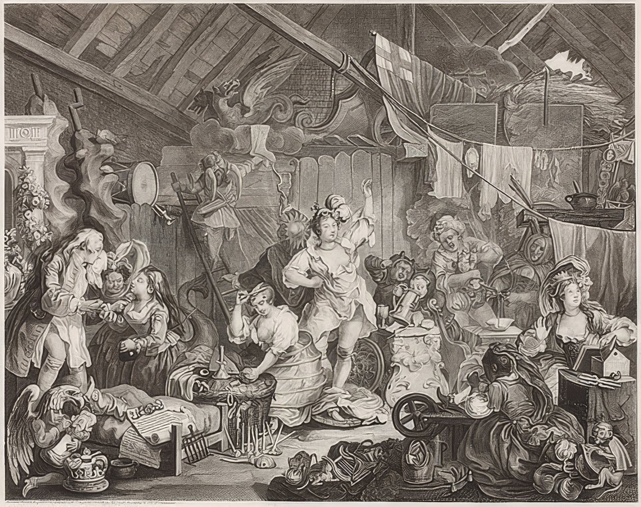 Vandrende skuespillerinner kler seg i en låve. 1738 av William Hogarth