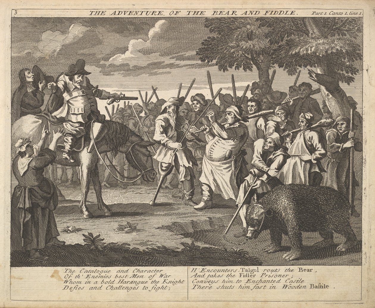 The Adventure of the Bear and the Fiddle Plate 3: Illustrasjoner til Samuel Butlers..., 1725-30. av William Hogarth