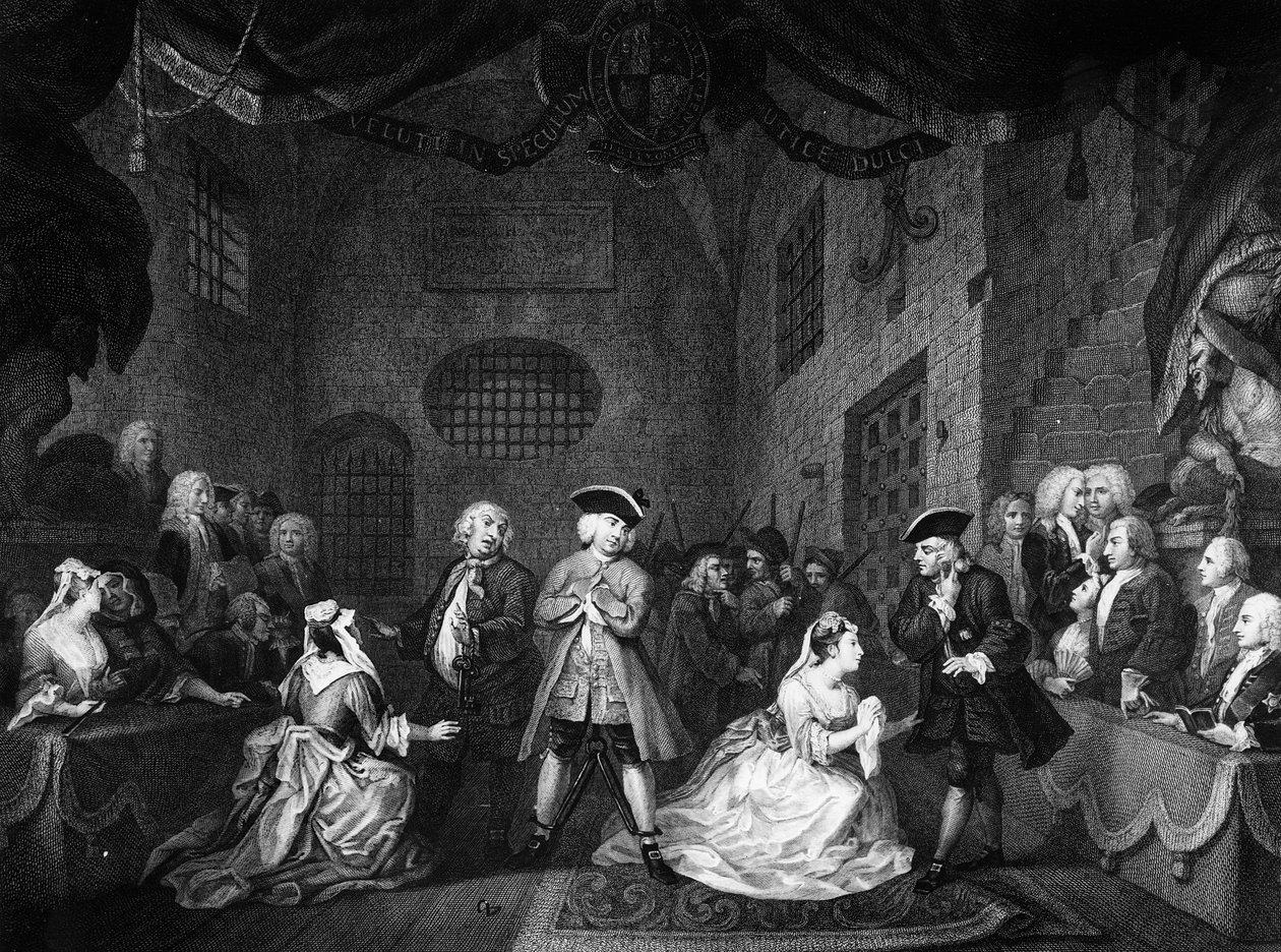 Tiggeroperaen, scene III, akt XI, ca. 1728 av William Hogarth