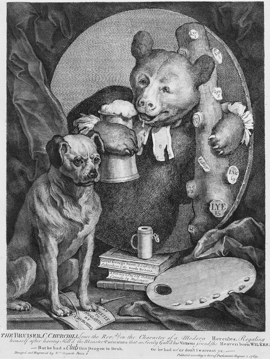 Bruiser Charles Churchill, en gang pastor, i karakteren til en russisk Hercules, 1763 av William Hogarth