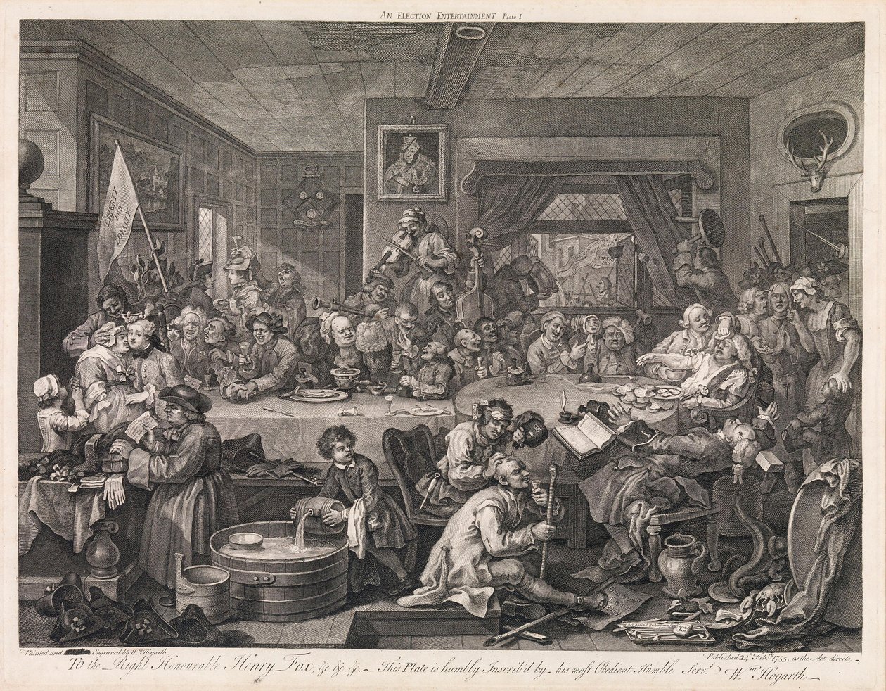 Valget, tavle 1: «Et valgbankett» av William Hogarth