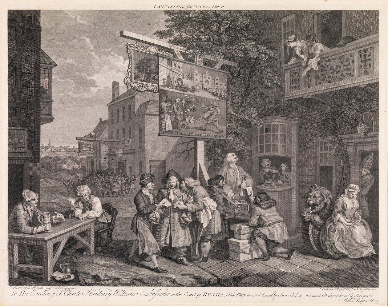 Valget, plate 2: «Stemmesanking» av William Hogarth