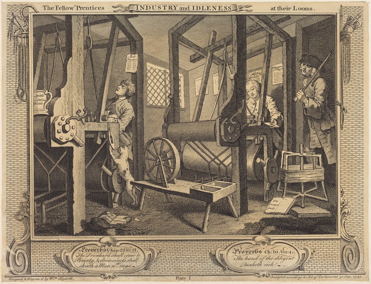 Lærlingekameratene ved vevene sine av William Hogarth