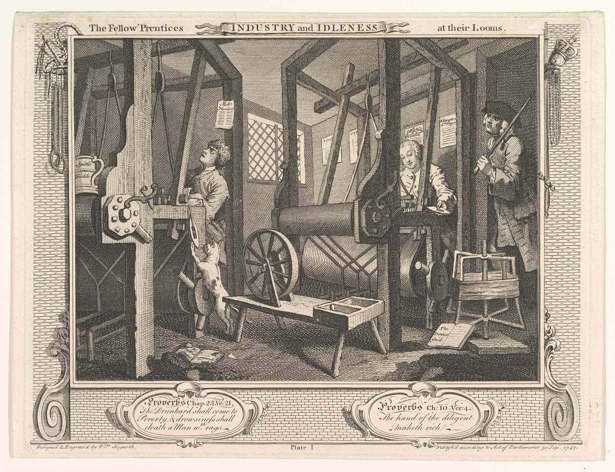 The Fellow Prentices at their Looms Industry and Idleness, plate 1, 30. september 1747. av William Hogarth