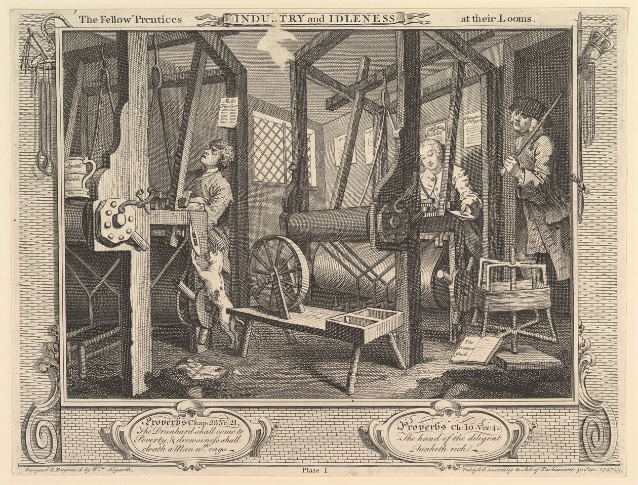 The Fellow Prentices at their Looms: Industry and Idleness, plate 1, 30. september 1747. av William Hogarth